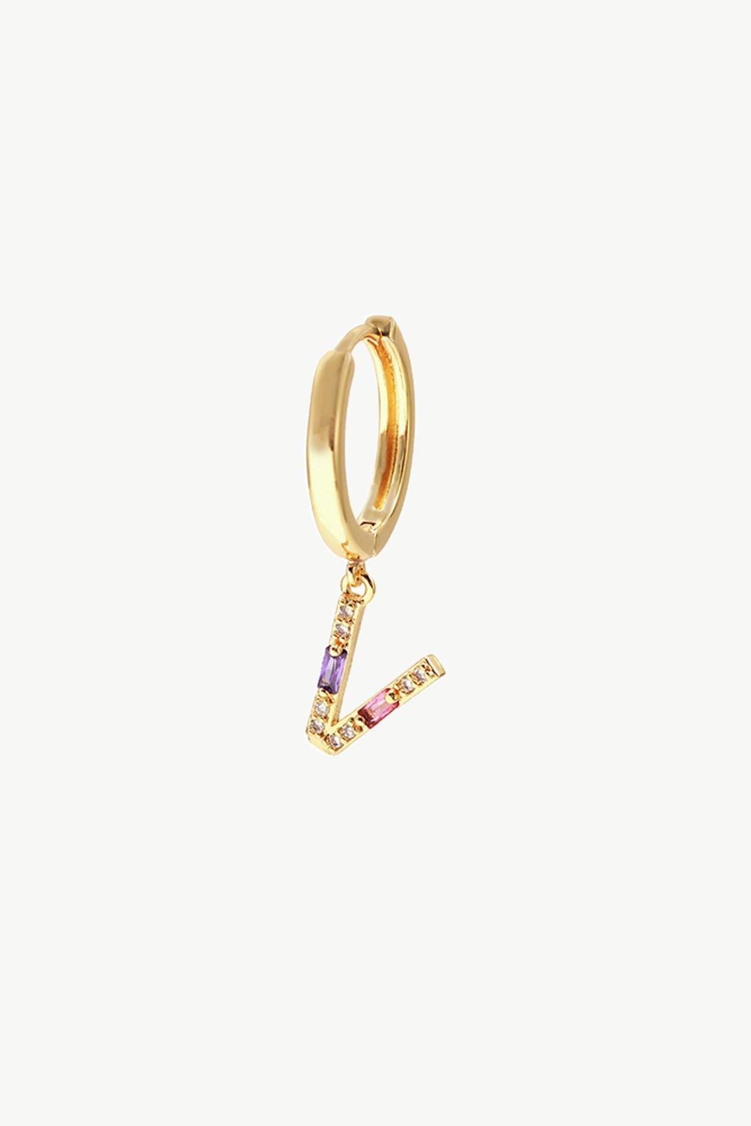 Single Gold Pavé Initial Charm Drop Huggie Hoop Earring-Letter V - Classicharms