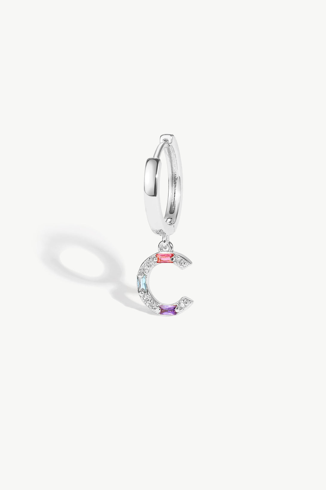 Single Silver Pavé Initial Charm Drop Huggie Hoop Earring - Classicharms