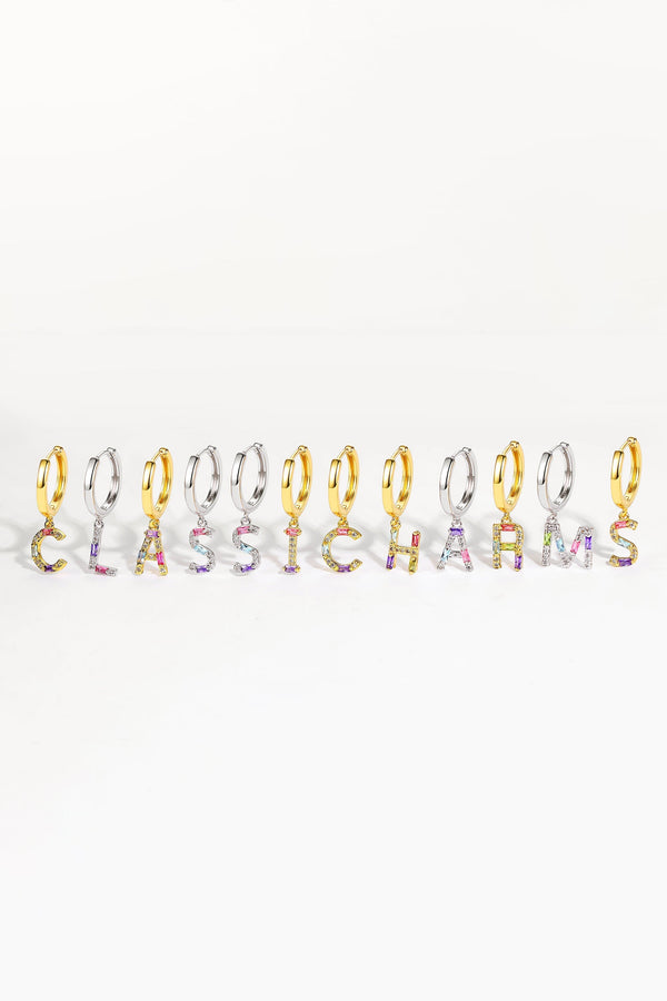 Single Silver Pavé Initial Charm Drop Huggie Hoop Earring - Classicharms