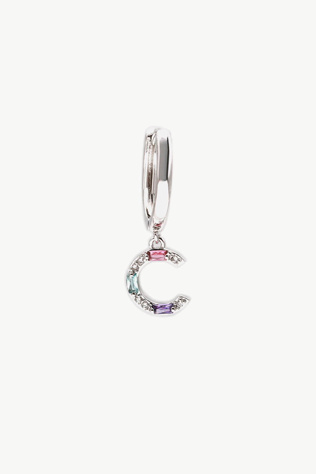 Single Silver Pavé Initial Charm Drop Huggie Hoop Earring-Letter C - Classicharms