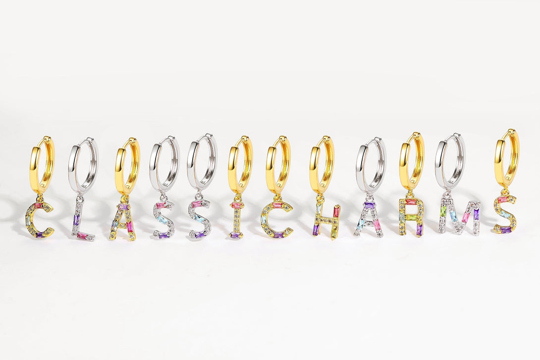 Single Silver Pavé Initial Charm Drop Huggie Hoop Earring-Letter D - Classicharms