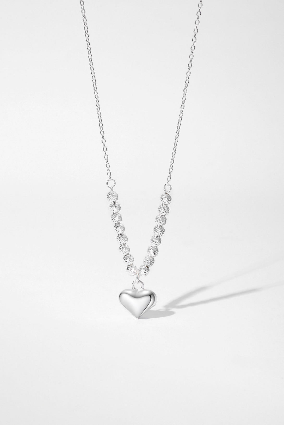 Sterling Silver Diamond-Cut Ball Bead Chain and Heart Pendant Necklace - Classicharms