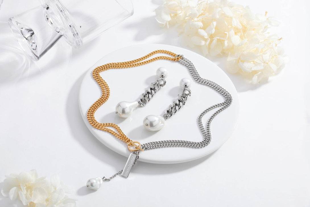 Two-Tone Chain Baroque Pearl Necklace - Classicharms