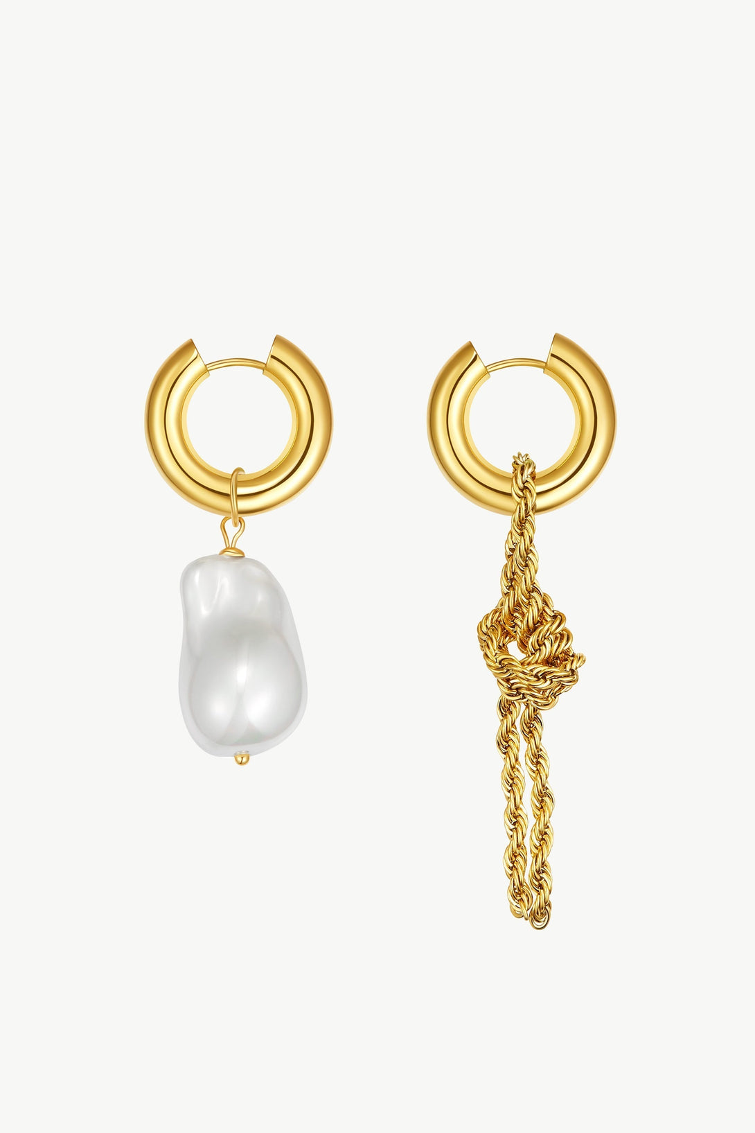 Unique Asymmetrical Gold Rope Chain Baroque Pearl Drop Earrings - Classicharms